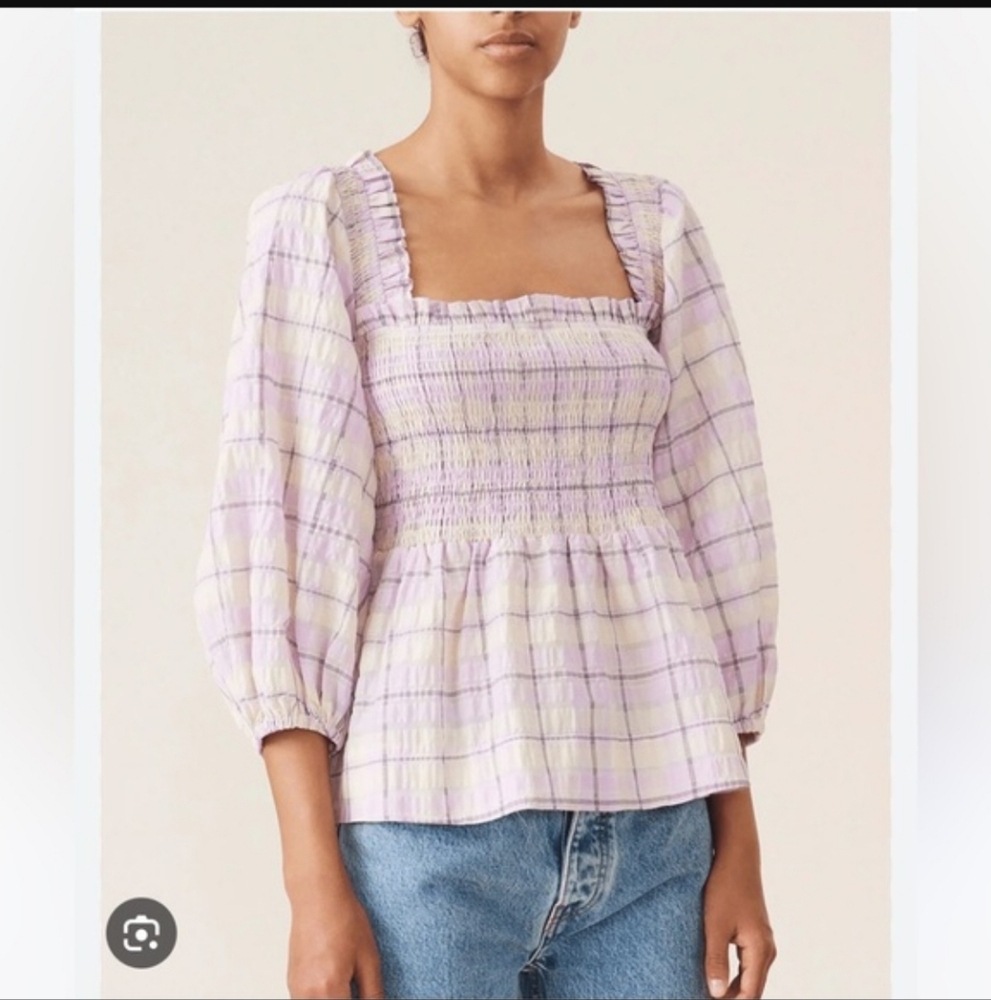 Ganni Seersucker Check Smock Top Orchid Bloom Size 40 Square Neck